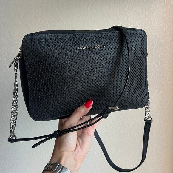 Michael Kors Black Jet Set Travel Perforated Leather Crossbody Bag - Picture 1 of 9